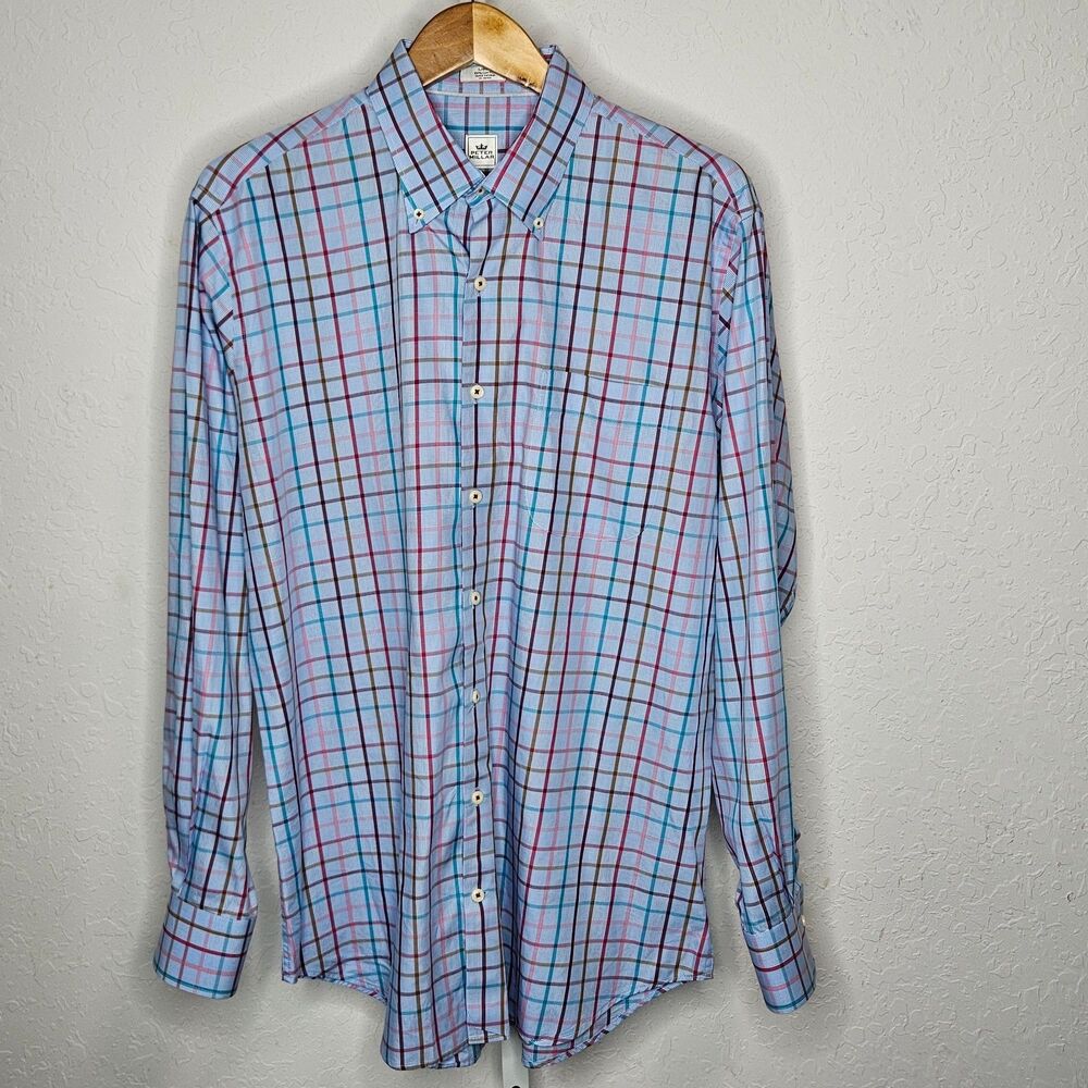 Peter Millar Men's Button Down Shirt Plaid Long Sleeve 100% Cotton Casual Large